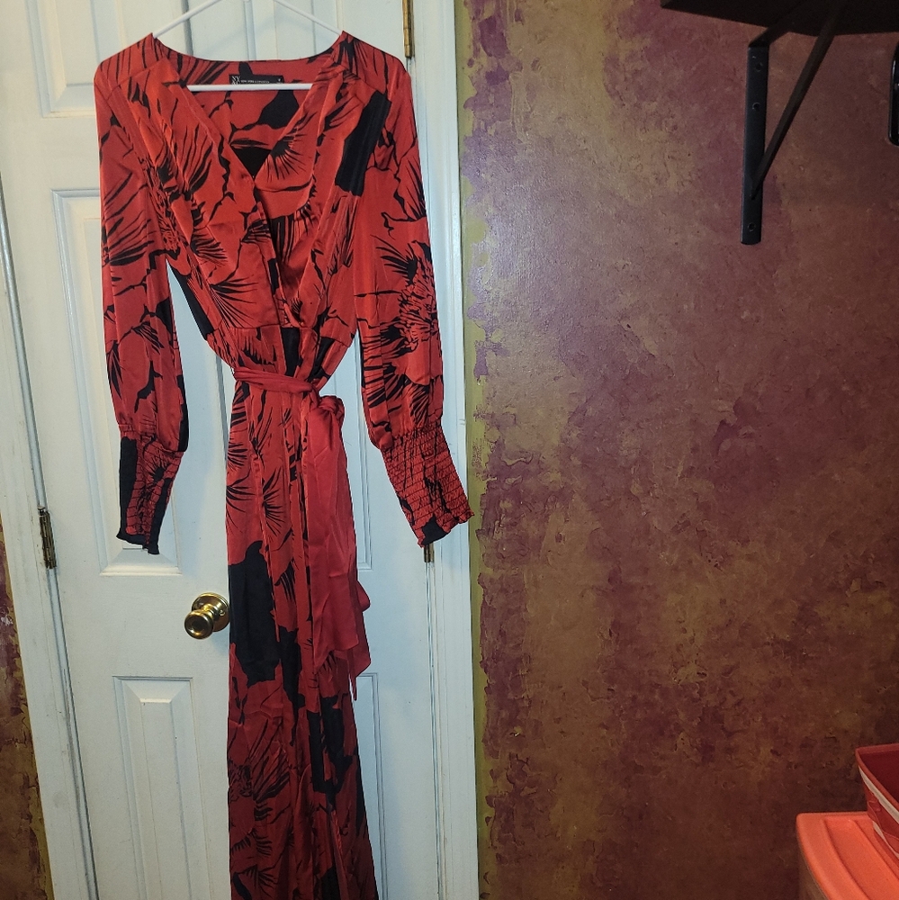 New York & Company Red and Black Wrap Gown with Bishop Sleeves